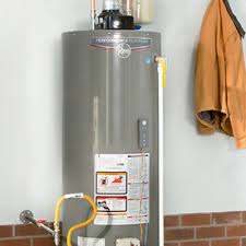 Pictured is a standard upright water heater.